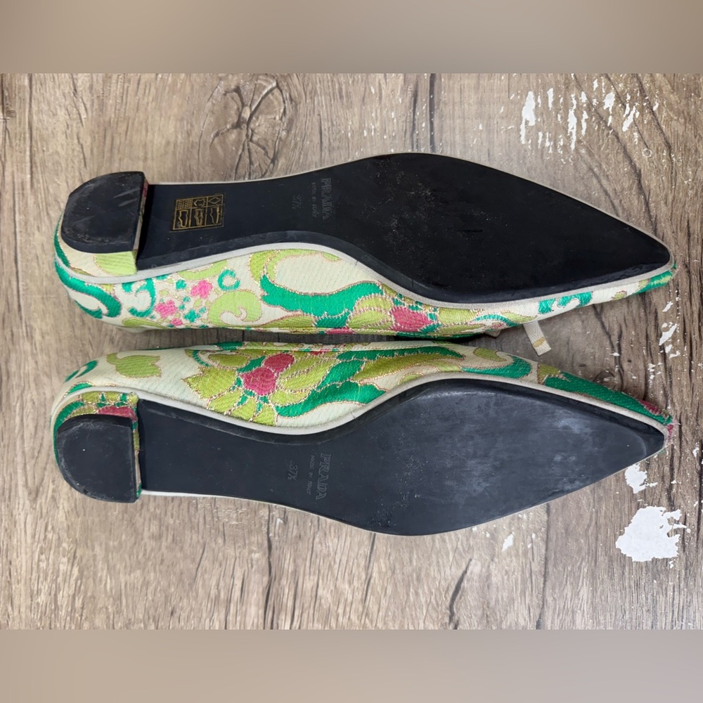 Vtg Prada SS2003 Green‎ Brocade Flat Shoes 37.5 - Picture 10 of 11